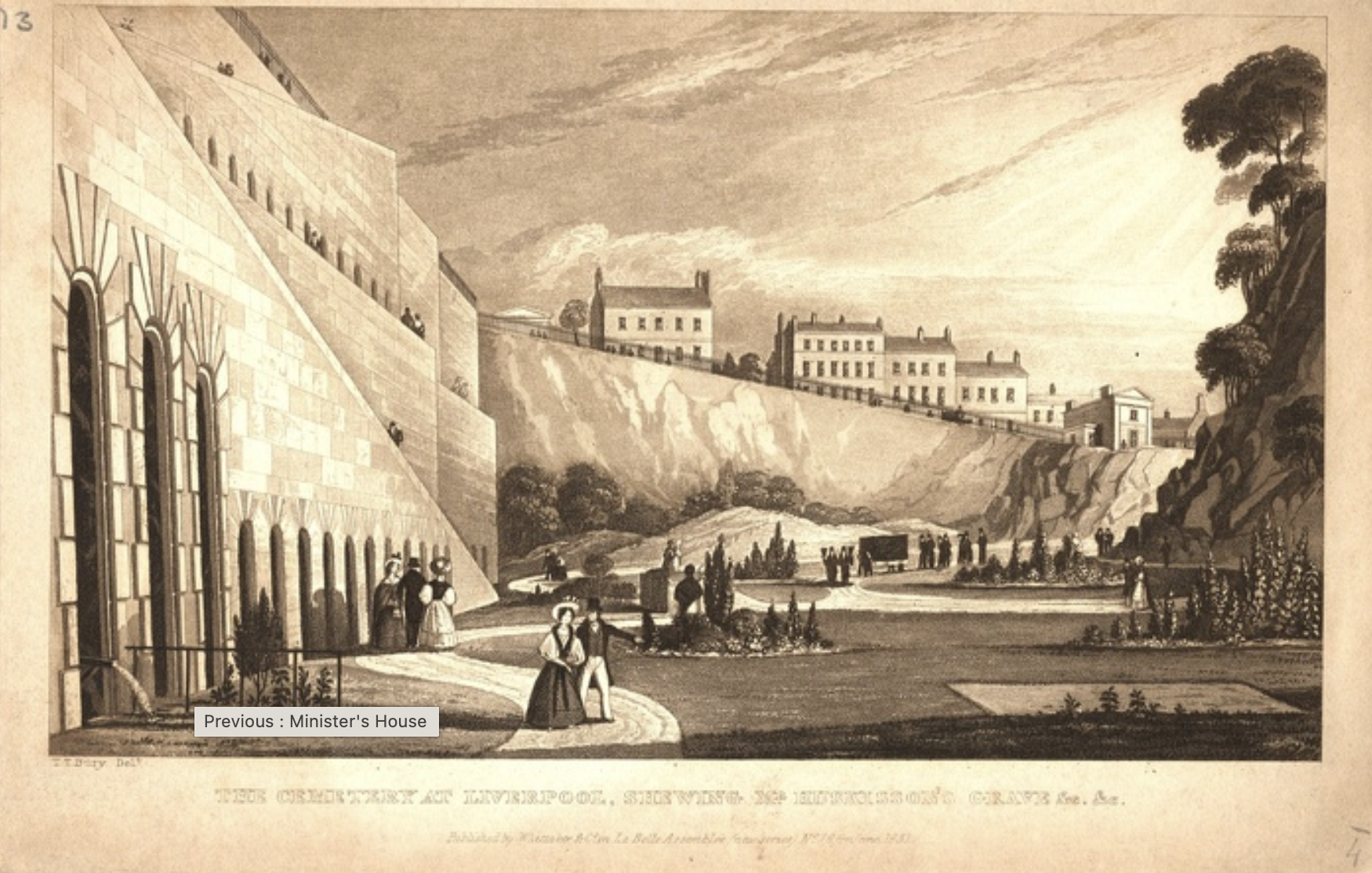 St James' Cemetery, 1831
"The cemetery at Liverpool, showing Mr Huskisson's Grave &c. &c."
Published by Whittaker & Co. in La Belle Assemblée (new series) for June 1831.
by T. T. Bury.

Water is flowing from the spring in the bottom left corner of th