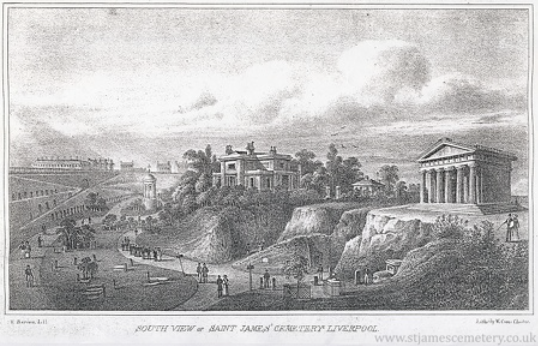 South View of Cemetery
This lithograph by Barrow & Crane shows the cemetery from the south. The oratory is on the higher ground to the right, and the minister's house is on the mount in the centre of the image. The ramps, catacombs, and railings alon
