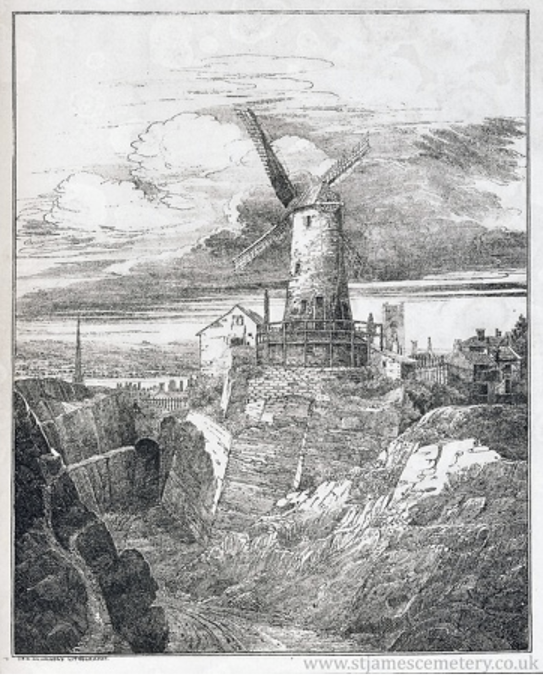 Quarry and Windmill, 1821
This image is by S. G. Nicholson from 1821. It features the windmill that stood on the site of the oratory and the steep rock cliff faces of the quarry as well as one of the tunnels.
There are two churches in the distance, t