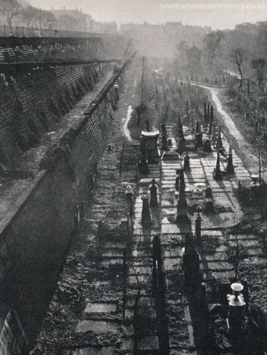 St James' Cemetery, 1960s
Looking south over the many monuments and flatstones of section Av, from above. The east wall and catacombs run along the left side of the image, with the path on the right side. Memorials fill the main part of the photograp