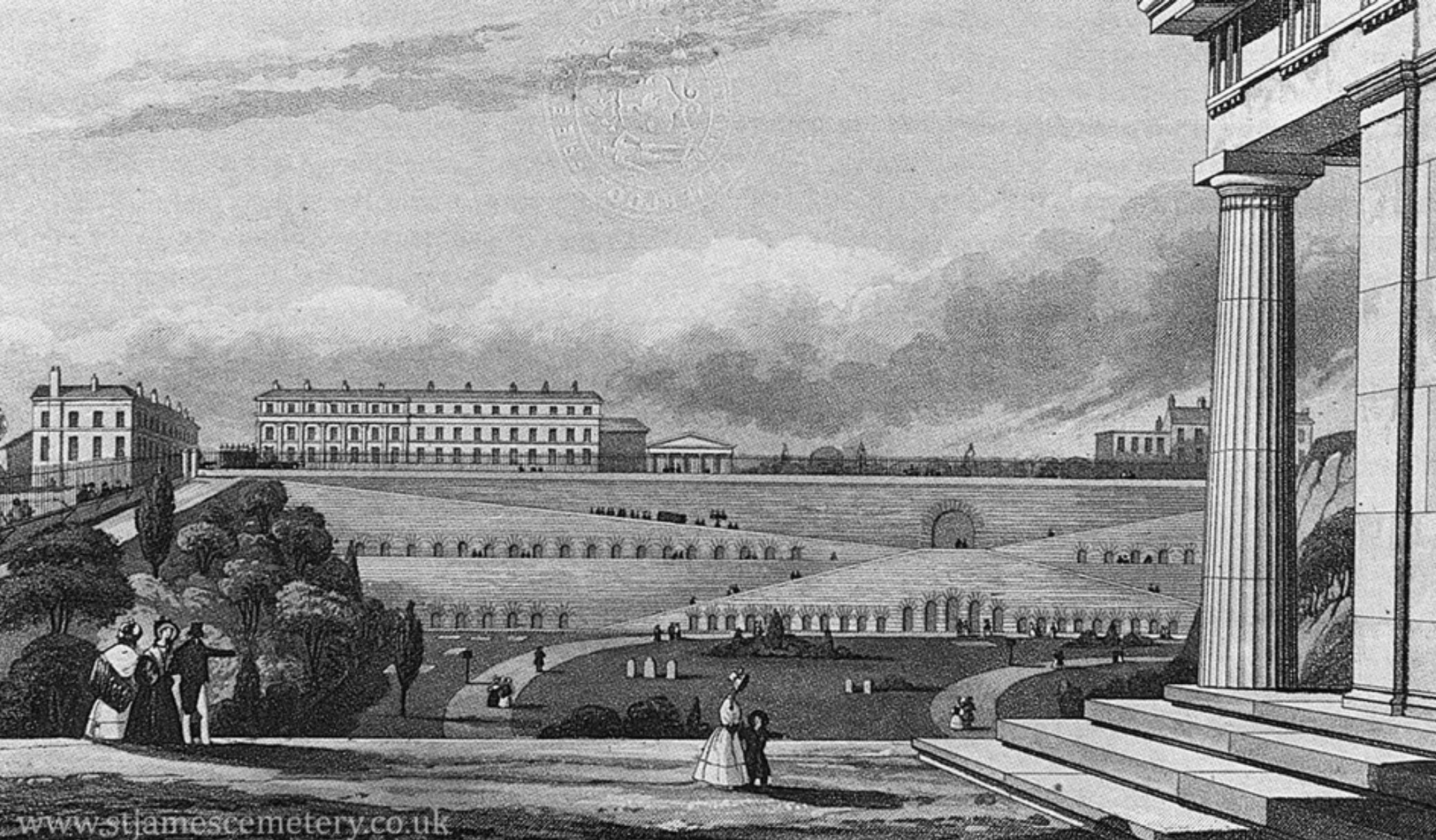 St James' Cemetery, c.1830
This picture is by T. T. Bury and W. Read and shows St James' Cemetery looking east. The side of the oratory with one column visible stands tall in the right of the image. A woman with a child are draw small in the foregrou