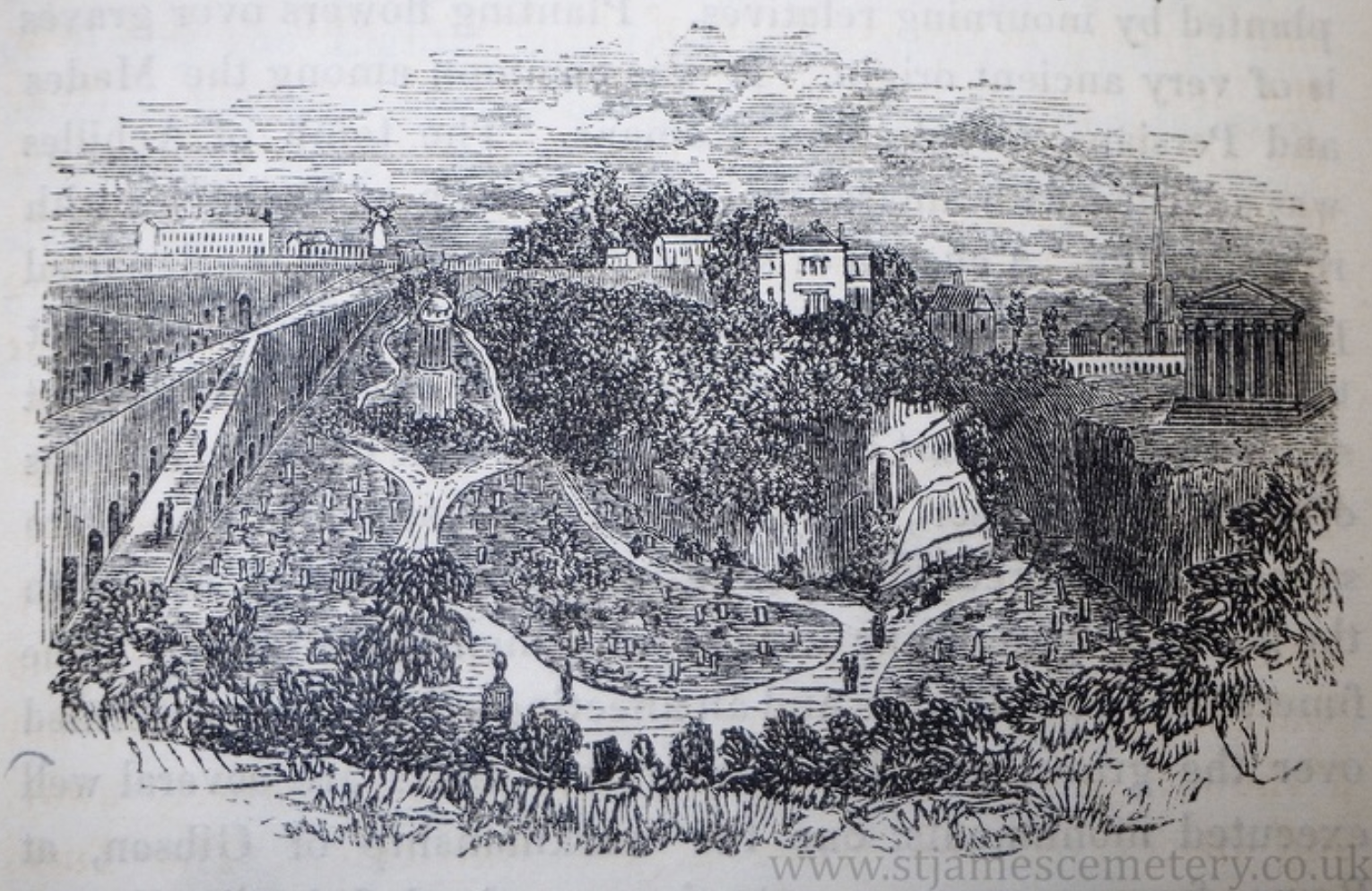 St James' Cemetery, 1858
This illustration is from Fraser's Guide to Liverpool (1858). It looks south and shows all the main features of the cemetery. A windmill is shown at the far end on Upper Parliament Street. The oratory is on the right, with St