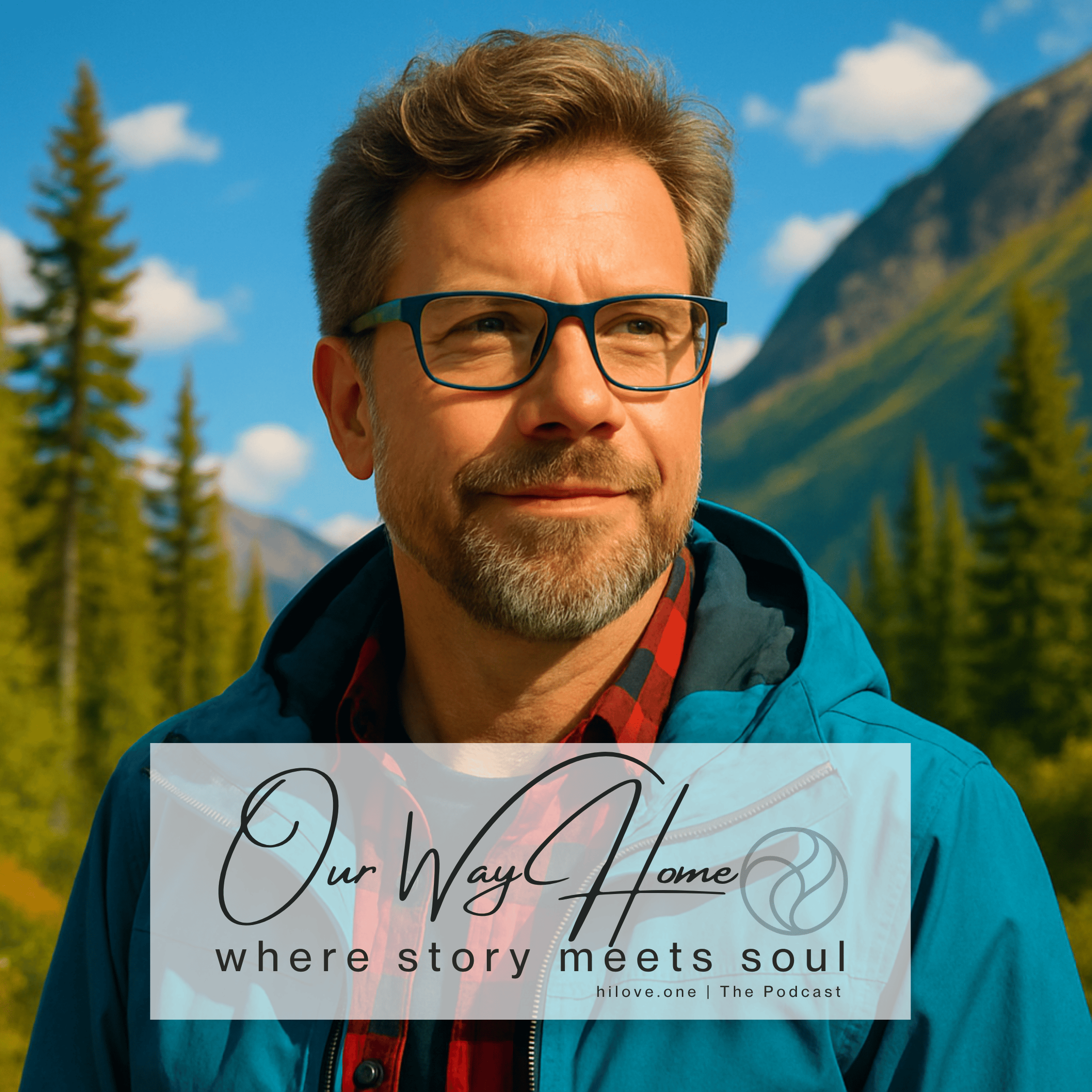 A middle-aged man with glasses and a beard, dressed in outdoor gear, standing in a mountainous forest landscape with blue sky and clouds.