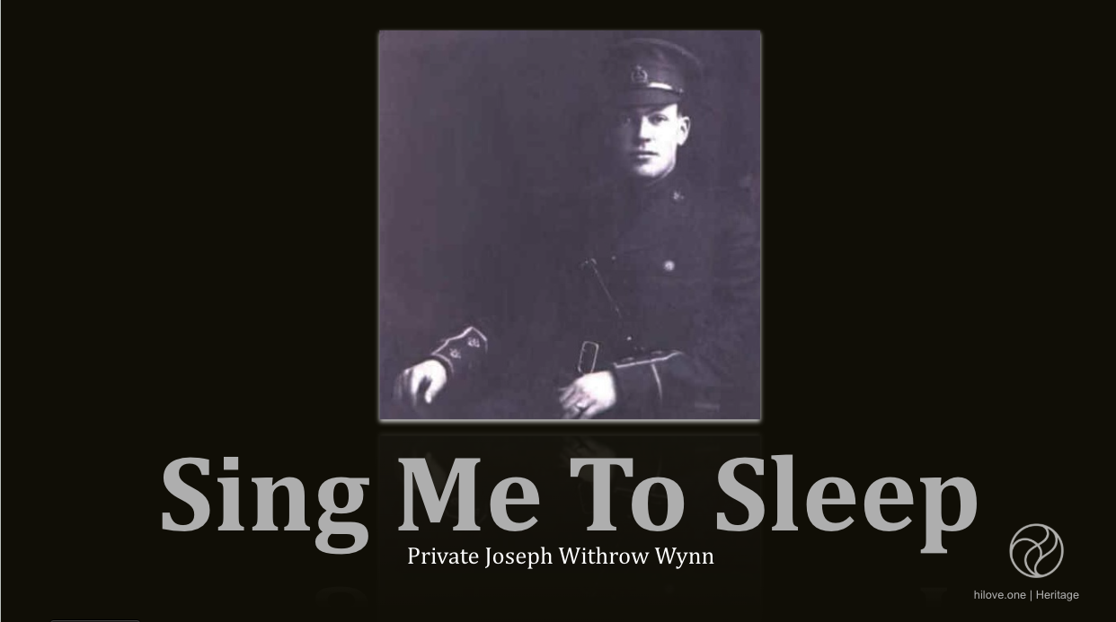 A black-and-white photo of Private Joseph Withrow Wynn in military uniform, with the title 'Sing Me To Sleep' and his name below, on a black background.
