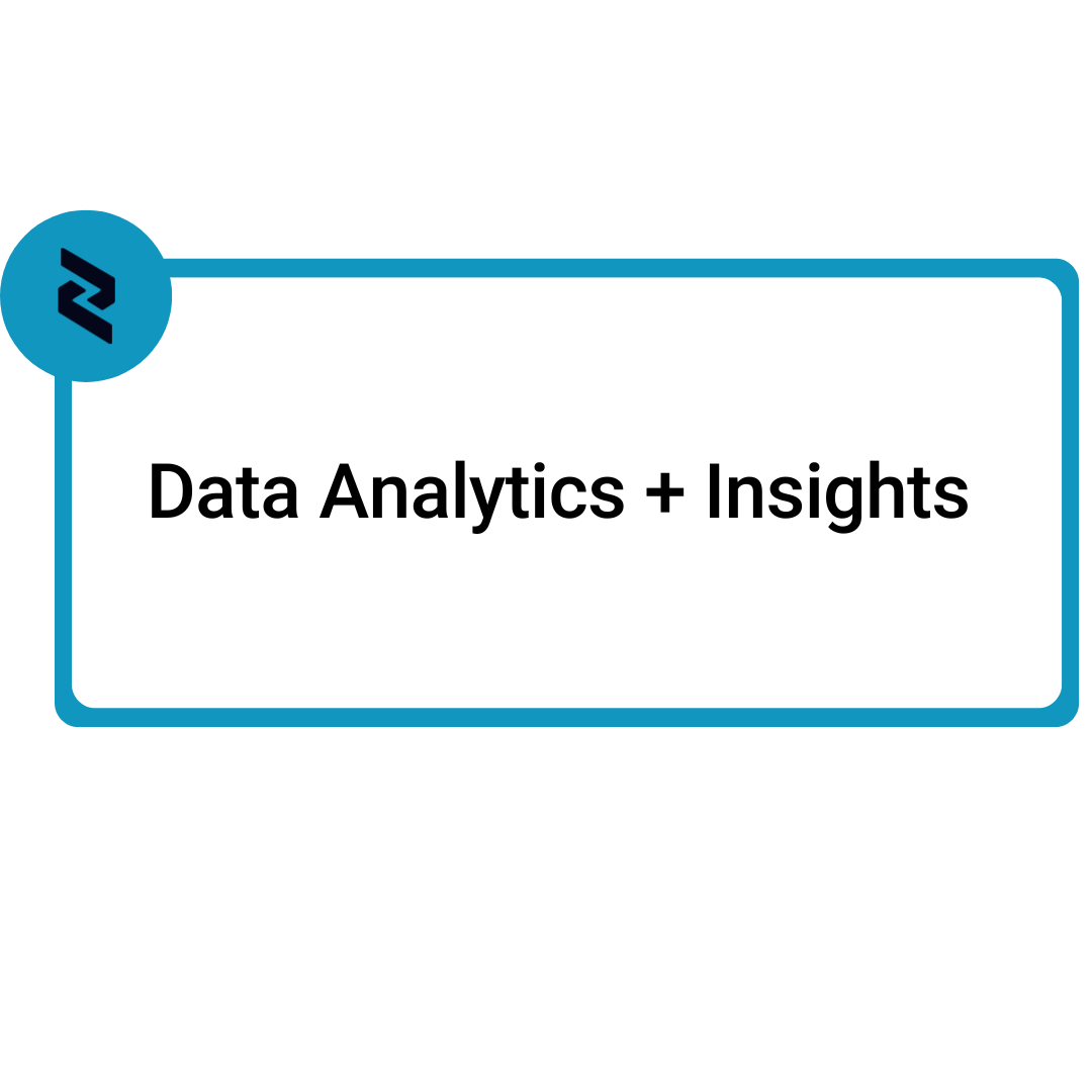 A graphic with a light blue border and a logo in the top left corner that reads "Data Analytics + Insights" in bold black letters.