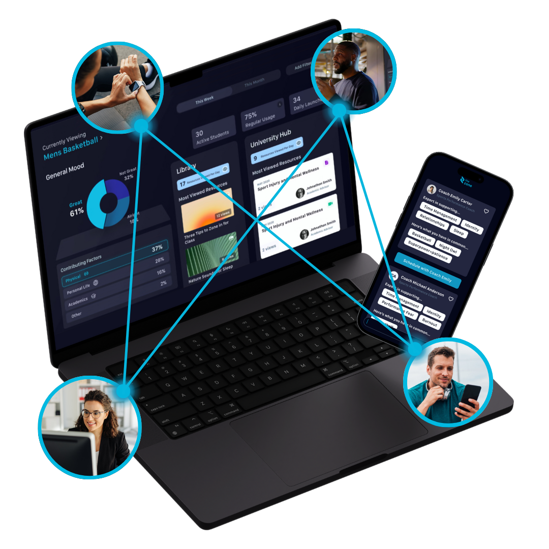 A laptop and smartphone display a data dashboard and chat interface, with blue circles connecting images of people using devices.