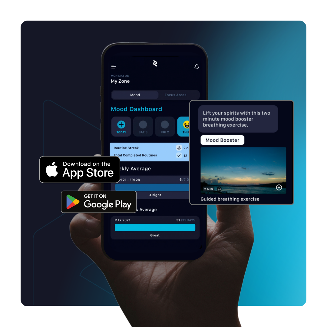 Smartphone displaying a mood dashboard app with features like mood tracking, focus areas, and breathing exercises; app download options for App Store and Google Play.