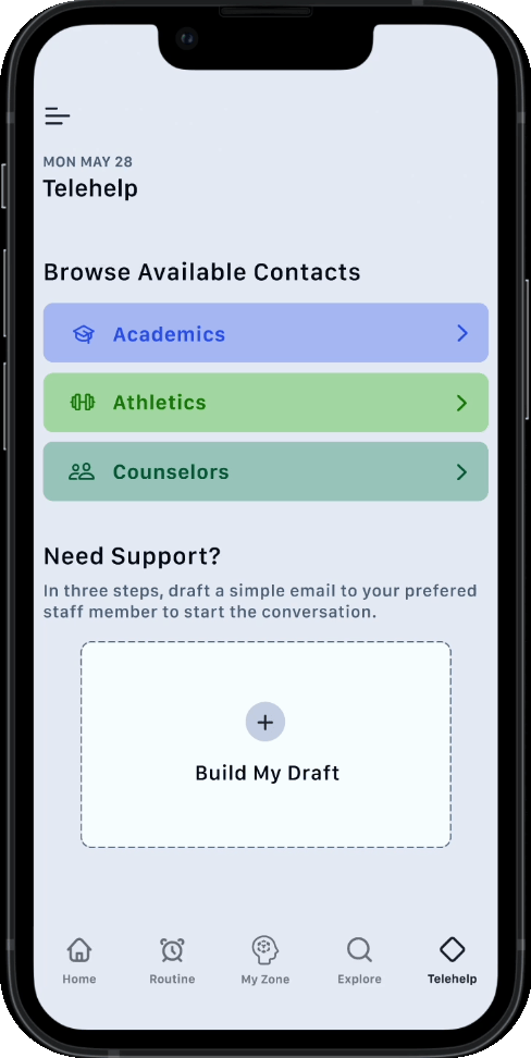 Smartphone screen showing a Telehelp app with options for Academic, Athletics, and Counselors contacts, and a "Build My Draft" button.