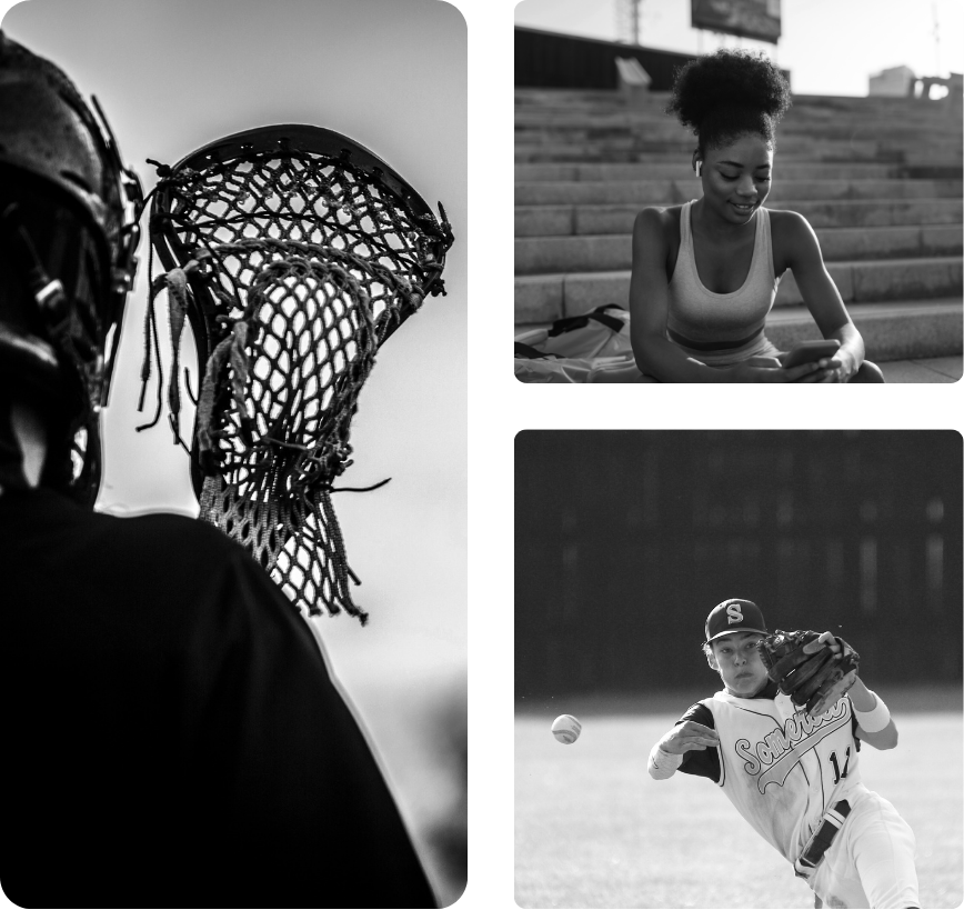three black and white images in a collage of three different athletes.