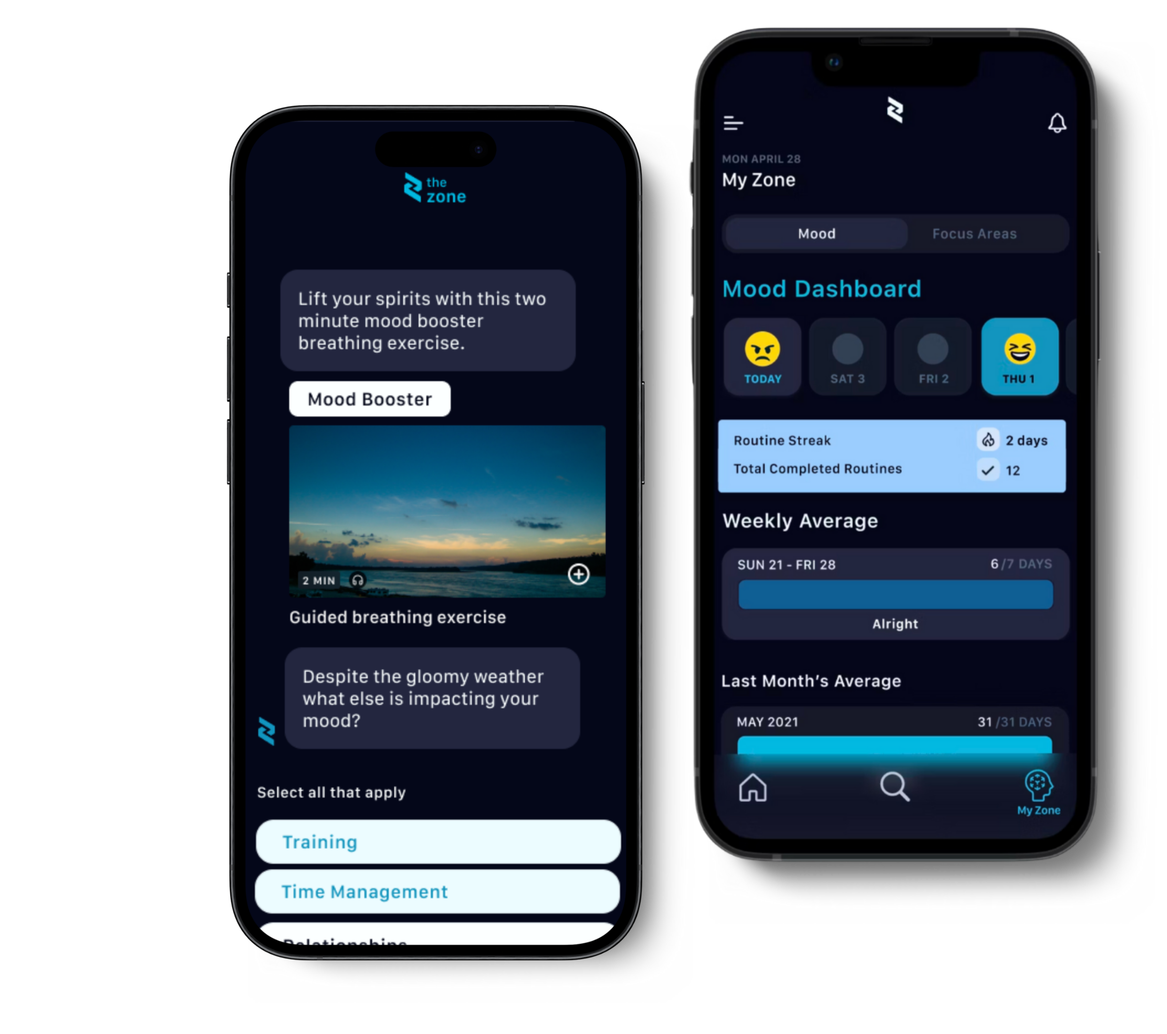 the zone mental performance app mocked up on two cell phones.