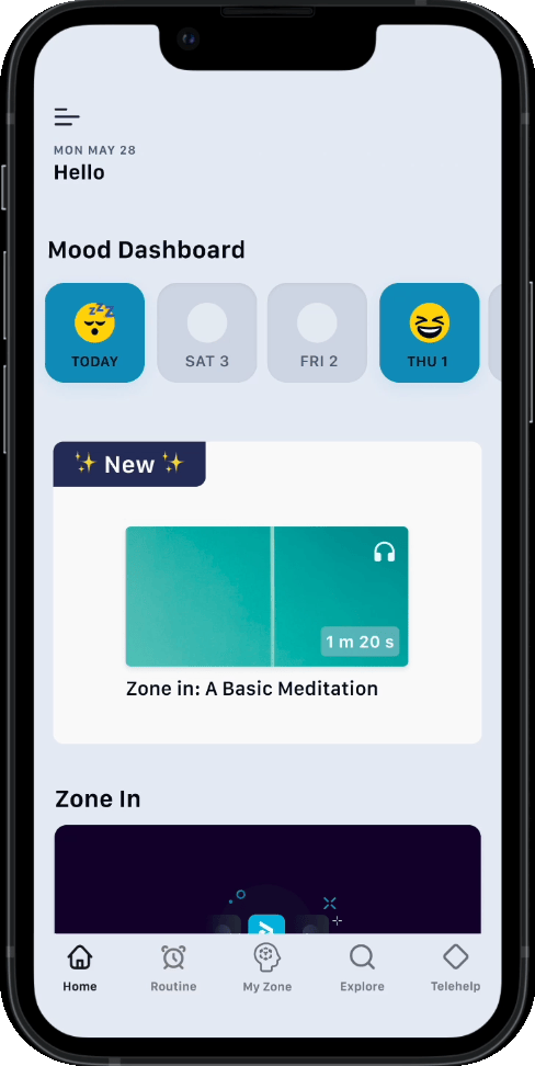 An image of a phone displaying the zone mental wellness platform.