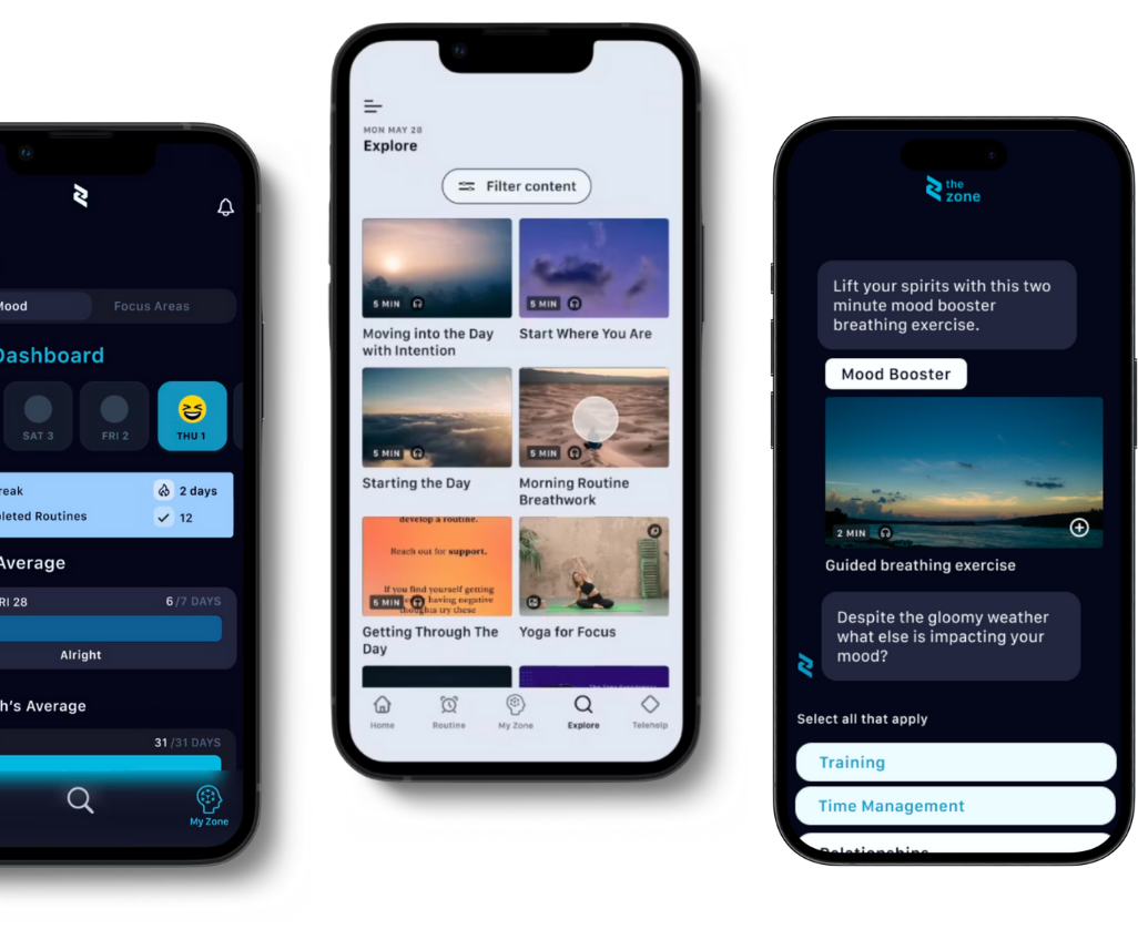 Three smartphone screens displaying The Zone mental health or wellness app interfaces with features like mood tracking, exploring content, and breathing exercises.