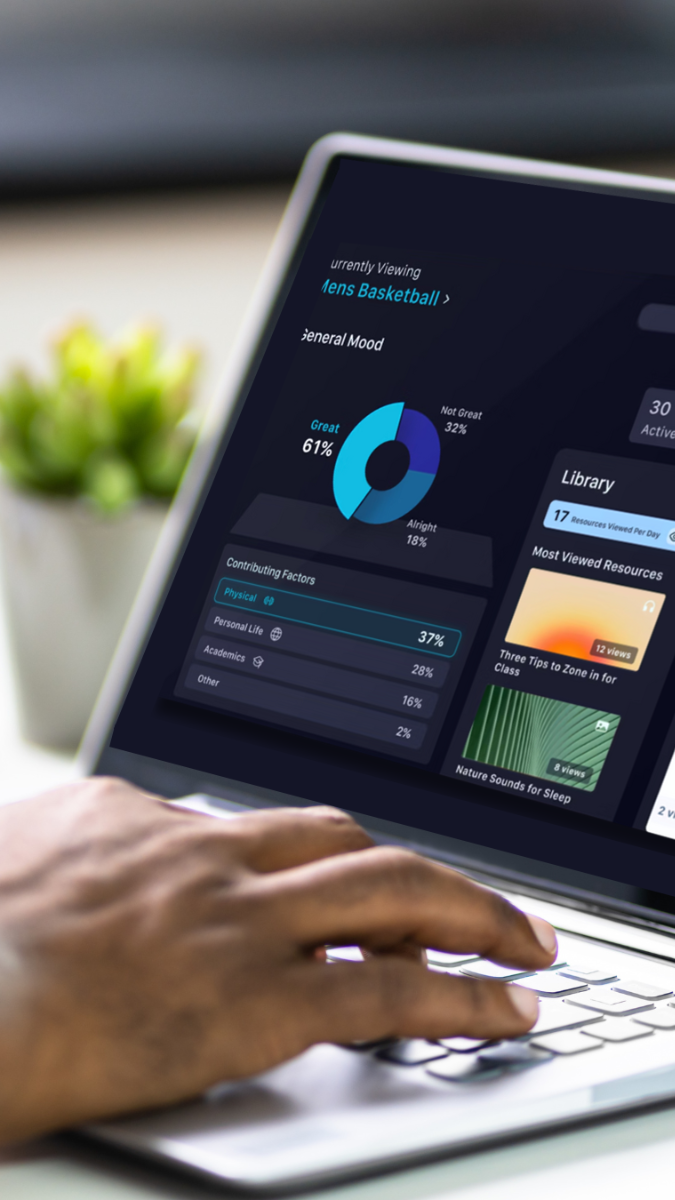 Close-up of a person's hand typing on a keyboard of a tablet displaying a dashboard with statistics and graphs about viewing habits for men's basketball.