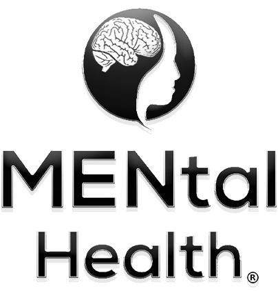 Logo with a brain inside a human profile and the text "Mental Health".
