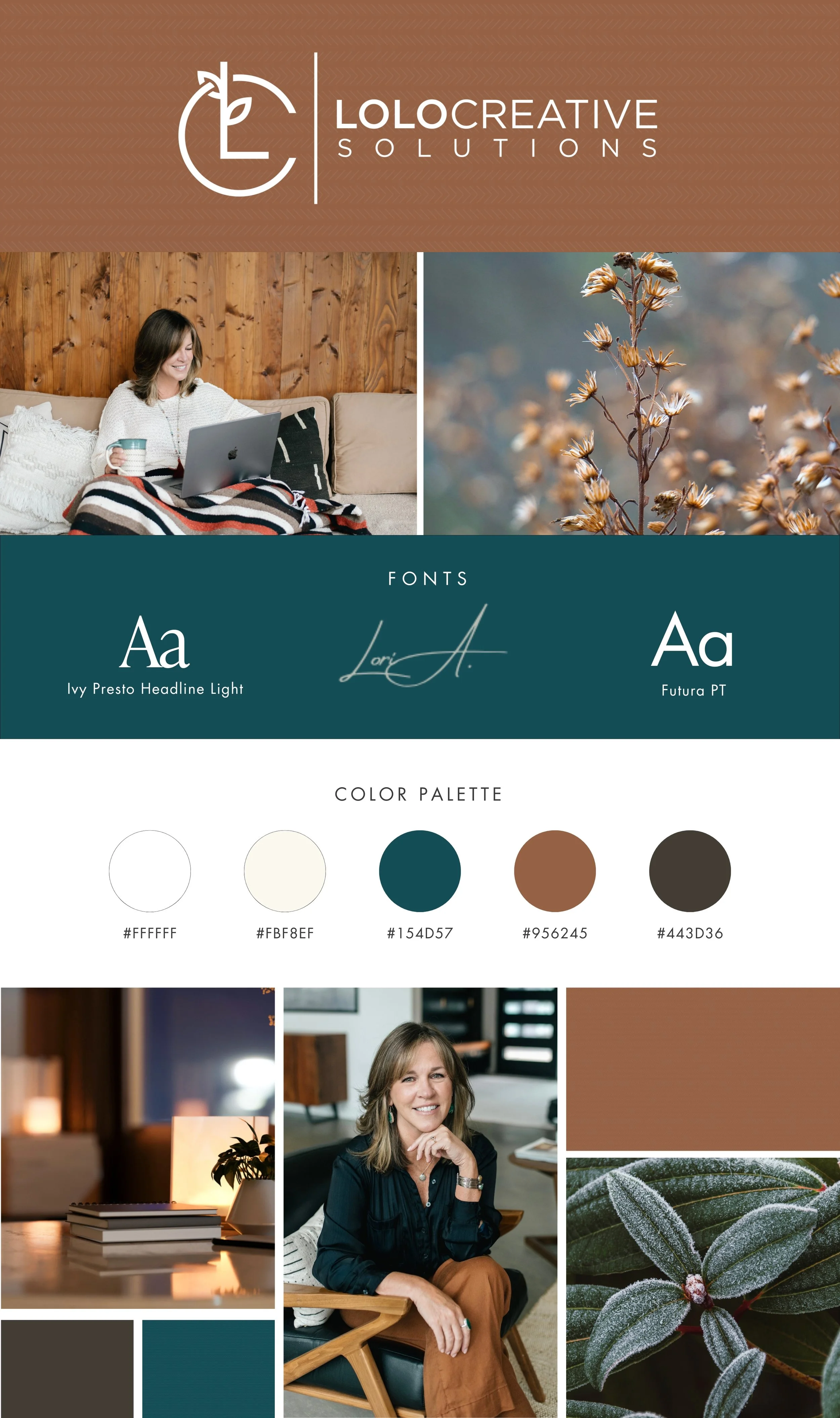 Brand board for LOLOCREATIVE SOLUTIONS featuring logo, two photographs of women, plant images, color palette, and font samples