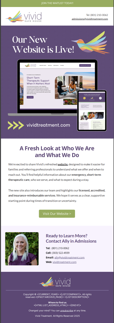 Flyer promoting Vivid Safe House's new website launch, with images of the website on various devices, contact information, and a call to action to visit the website.