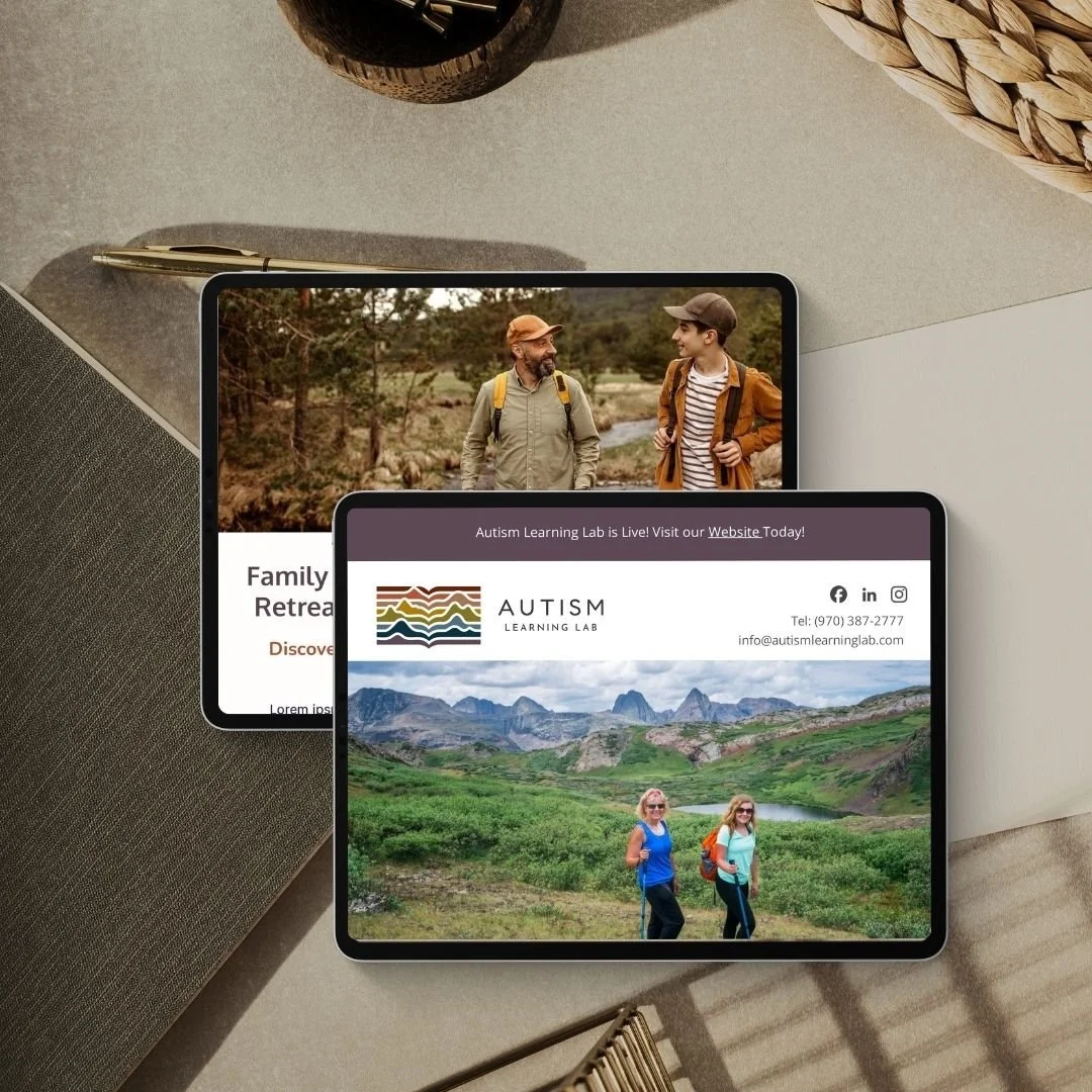 Two tablet screens displaying advertisements, one for a family retreat and the other for an autism learning lab, placed on a desk with various office supplies and decorative items.
