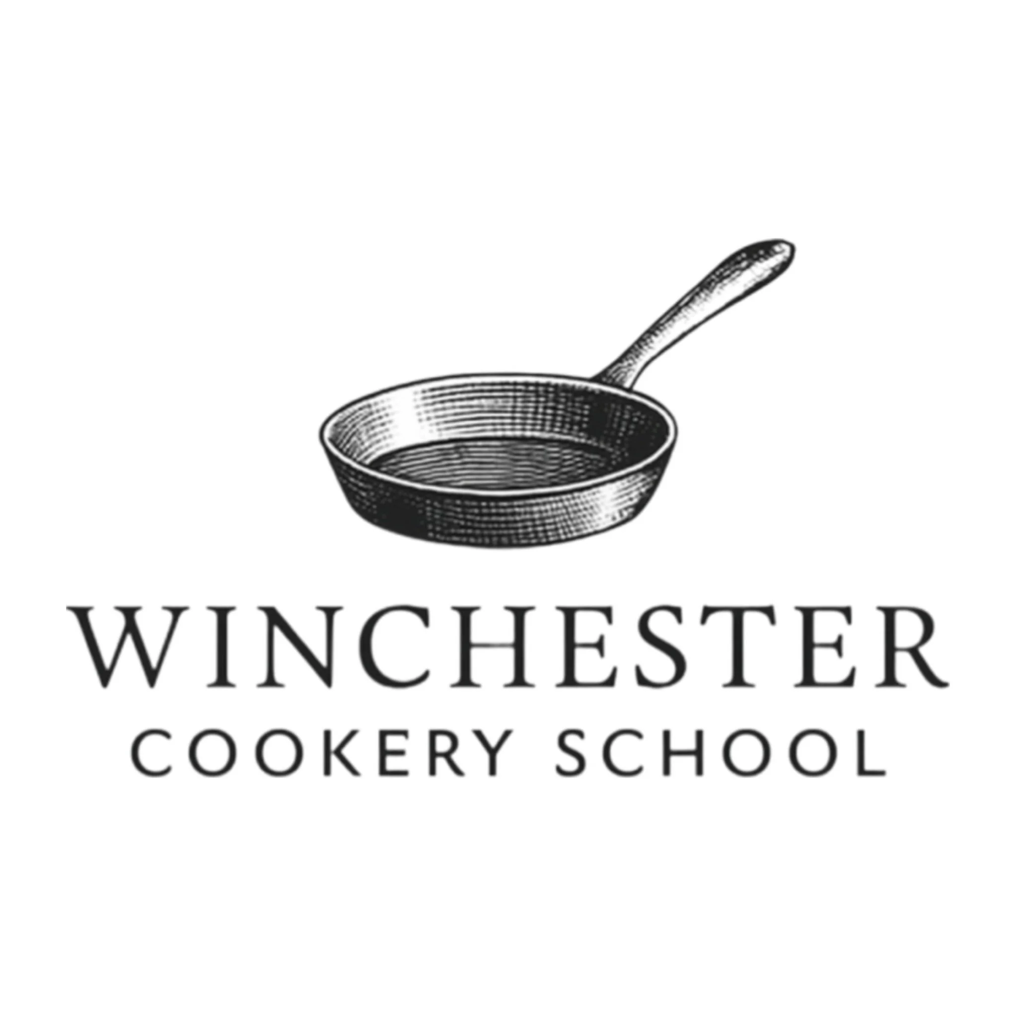 Black and white logo for Winchester Cookery School featuring a frying pan with a handle and the text 'WINCHESTER COOKERY SCHOOL' beneath it.
