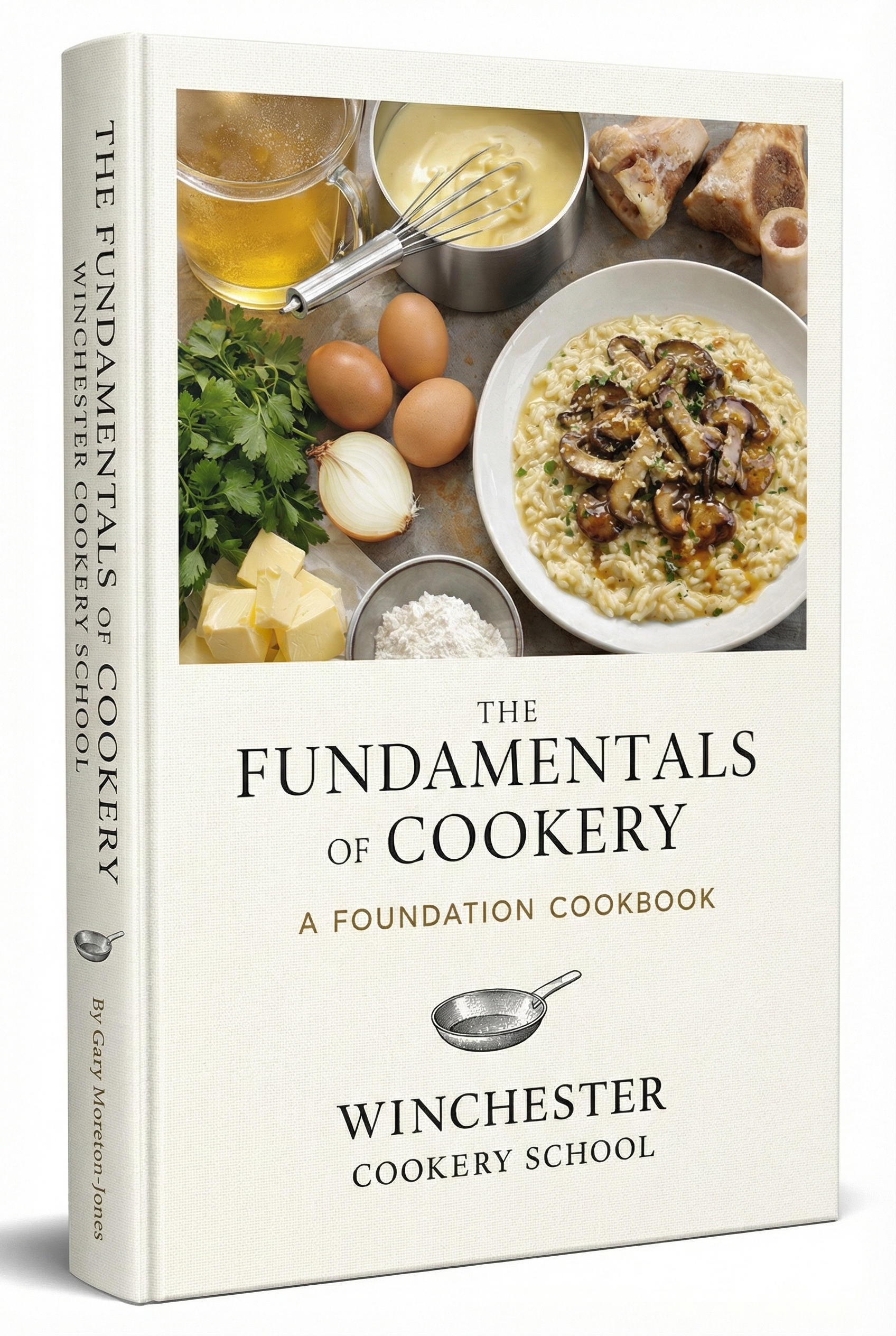 Cover of a cookbook titled 'The Fundamentals of Cookery: A Foundation Cookbook' by Winchester Cookery School, featuring a photo of a plate of pasta with mushrooms, eggs, butter, cheese, herbs, and ingredients like eggs, butter, cheese, onion, herbs, and a glass of beer or cider on the side.