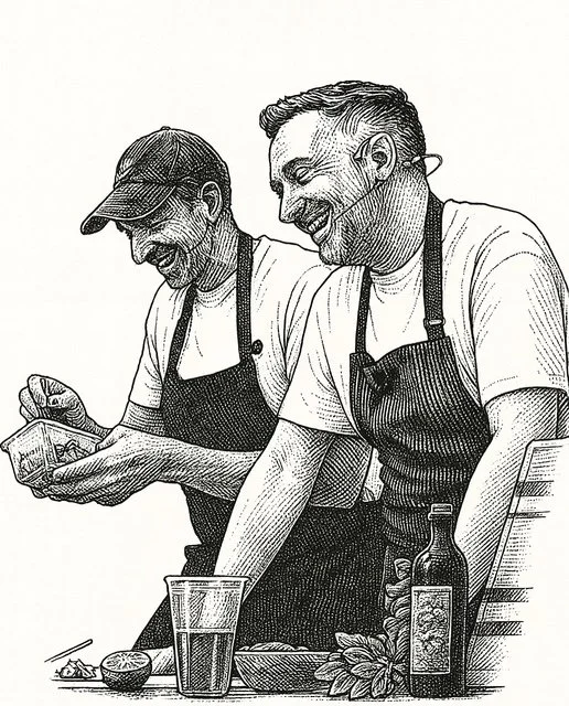 Two men wearing aprons and casual shirts, smiling and looking at a smartphone, surrounded by kitchen items like a bottle, a glass, and a bowl, in a sketch style.