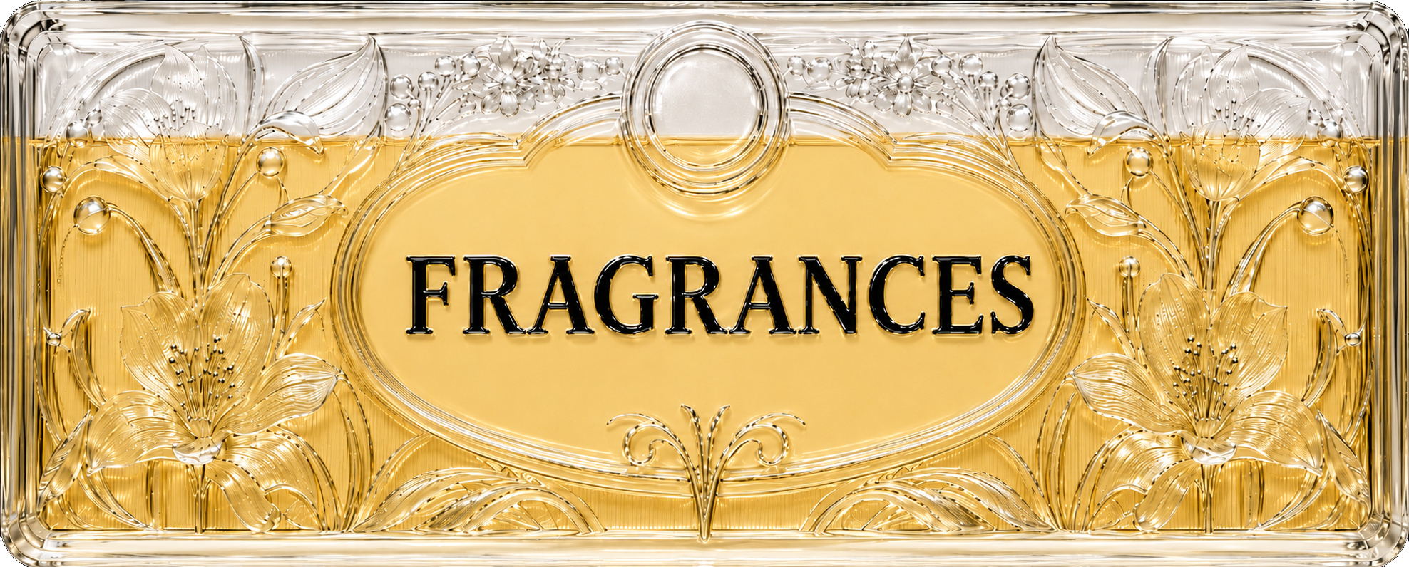 Decorative glass panel with floral designs and the word 'FRAGRANCES' in bold black letters.