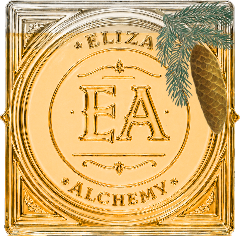 A decorative square gold-colored plaque with the words 'Eliza' at the top, 'Alchemy' at the bottom, and the initials 'E A' in the center, decorated with a pine branch and pine cone in the top right corner.