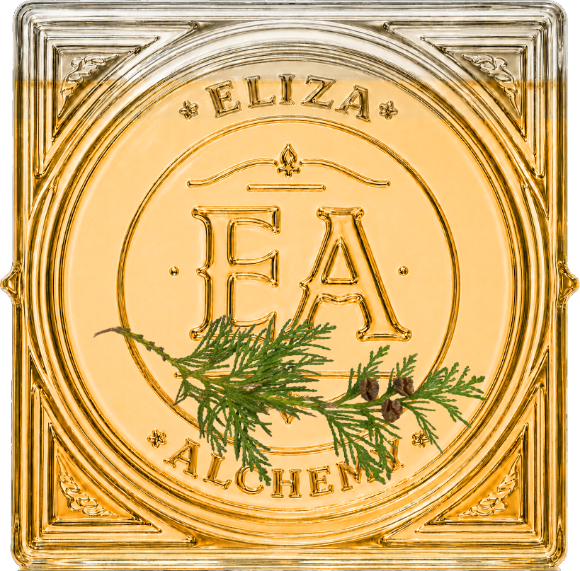 Decorative square glass ornament with gold detailing, embossed with the words 'ELIZA' and 'ALCHEMY' around a central monogram 'EA' and decorated with a sprig of pine and small pinecones.