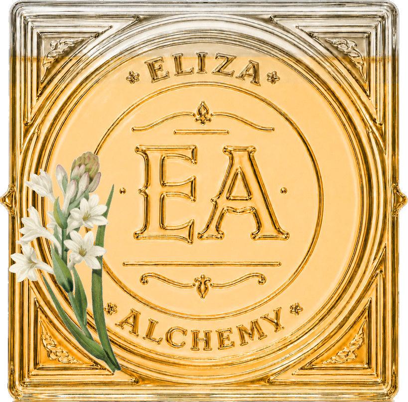 A decorative glass tile with the words 'EAZ' and 'Alchemy' engraved, and a small flower illustration on the left side.
