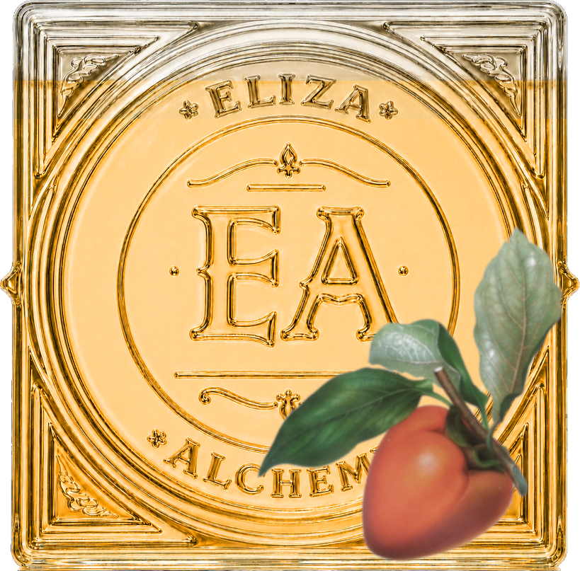 A glass plate with a gold-colored emblem reading 'ELIZABETH ALCHEMY EAA' and a small peach with green leaves in the foreground.