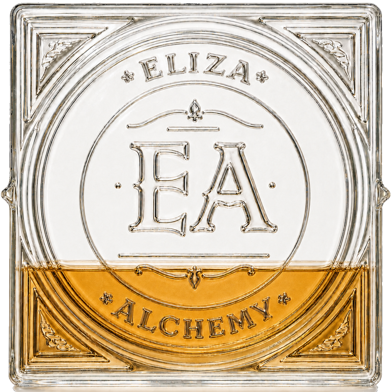 A clear glass tile with embossed designs, featuring the word 'ELIZA' and large letters 'E', 'A', with a gold-colored section at the bottom that says 'ALCHEMY'.