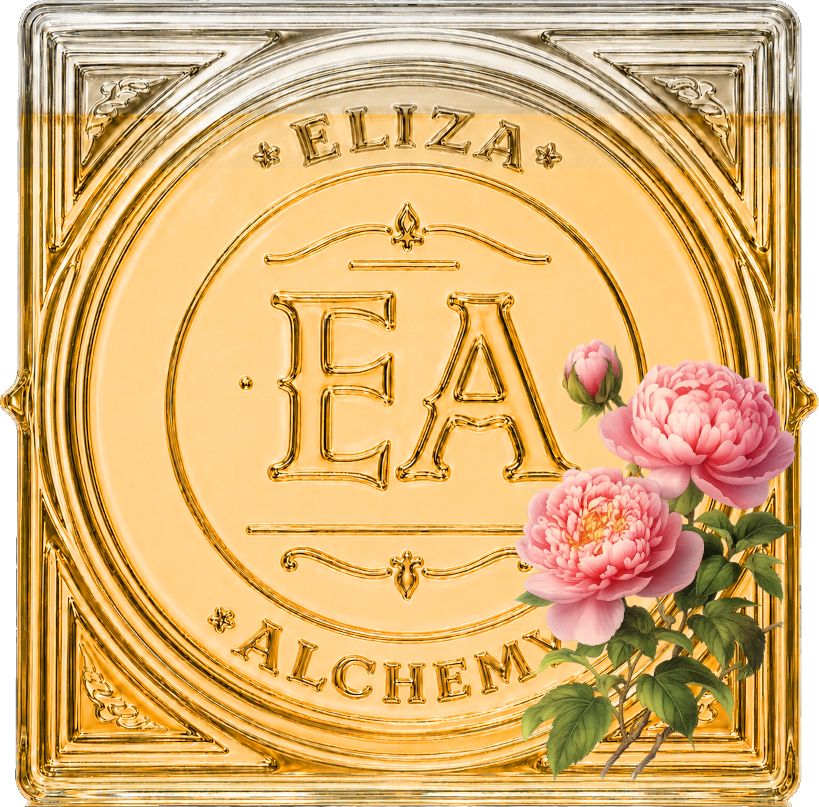 A decorative square glass panel with embossed gold lettering and design, reading 'ELIZA' at the top, 'E&A' in the center, and 'ALCHEM' at the bottom, with pink peony flowers on the lower right side.