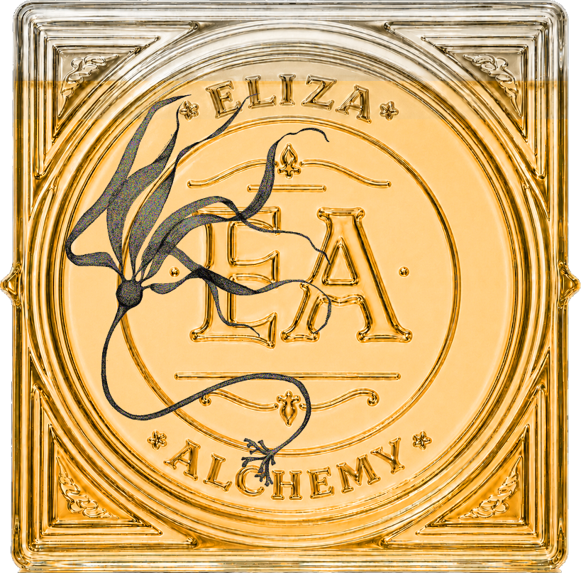 A square, gold-colored clock with ornate borders, featuring the words 'ELIZA' at the top and 'ALCHEMY' at the bottom. The center has large, embossed letters 'LEA' and a decorative line. A black spider with long, spindly legs is crawling across the clock face.