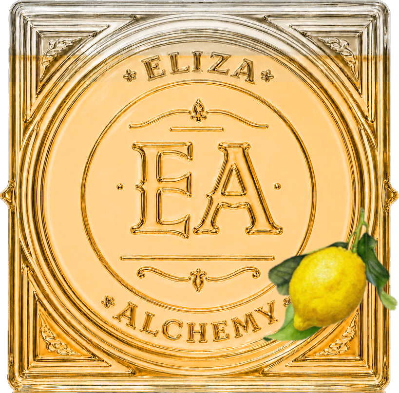 A golden decorative plate with the inscription 'ELIZABETH ALCHMY' and the initials 'EA' in the center. There is a lemon with leaves on the lower right corner of the plate.