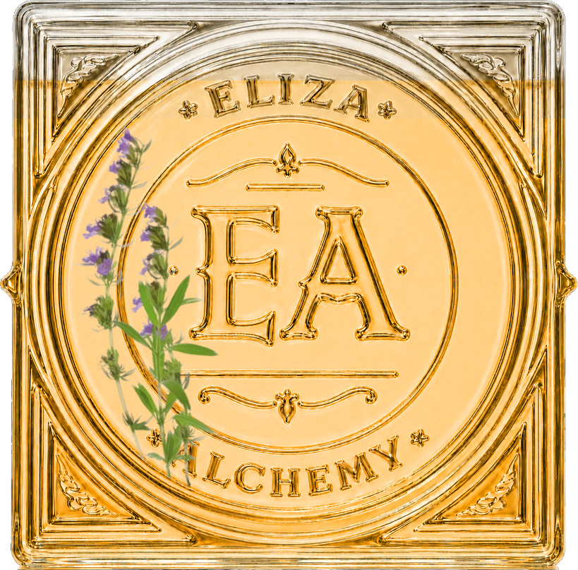 A square, gold-colored metal sign with embossed text that reads 'ELIZA' at the top and 'ALCHEMY' at the bottom, with a logo 'E A' in the center. A sprig of purple lavender is placed on the left side of the sign.