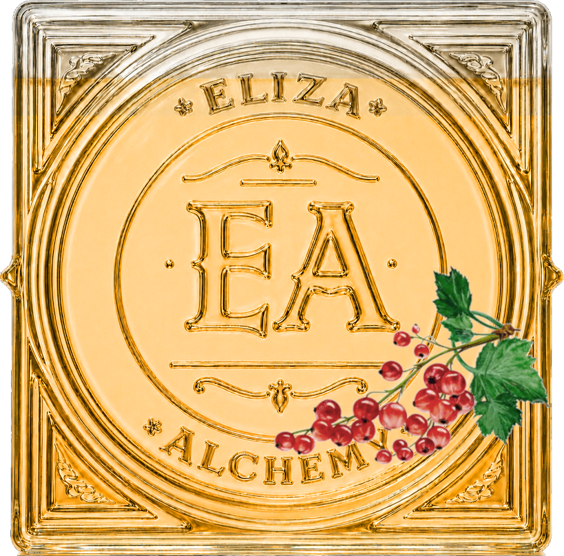 A decorative tile with the initials 'E A' surrounded by the words 'ELIZA' and 'ALCHEM' and a bunch of red currant berries with green leaves in the lower right corner.
