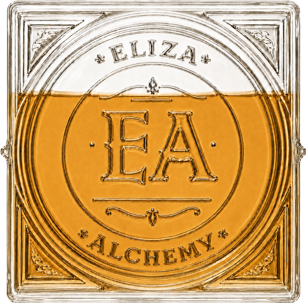 A square glass sign with the word 'ELIZABETH' at the top, the letters 'E A' in the center, and 'ALCHEMY' at the bottom, with a circular design around the center.