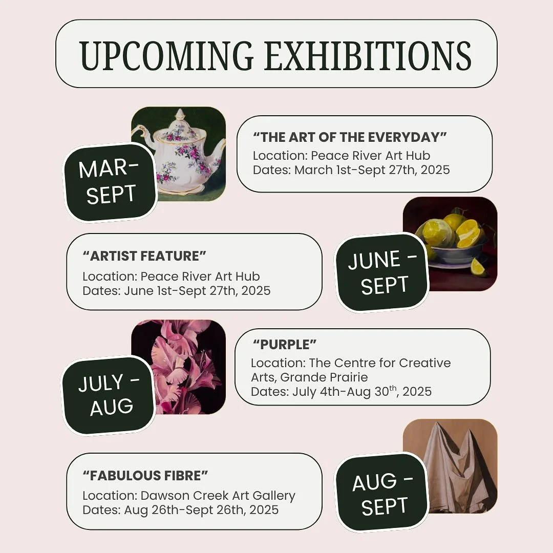 Want to experience some art this summer!? These are the current and upcoming exhibitions I am apart of. Come on out and take a look! #albertaartist #artgallery #peaceriverarthub #dawsoncreekartgallery #centreforthecreativearts #artexhibition