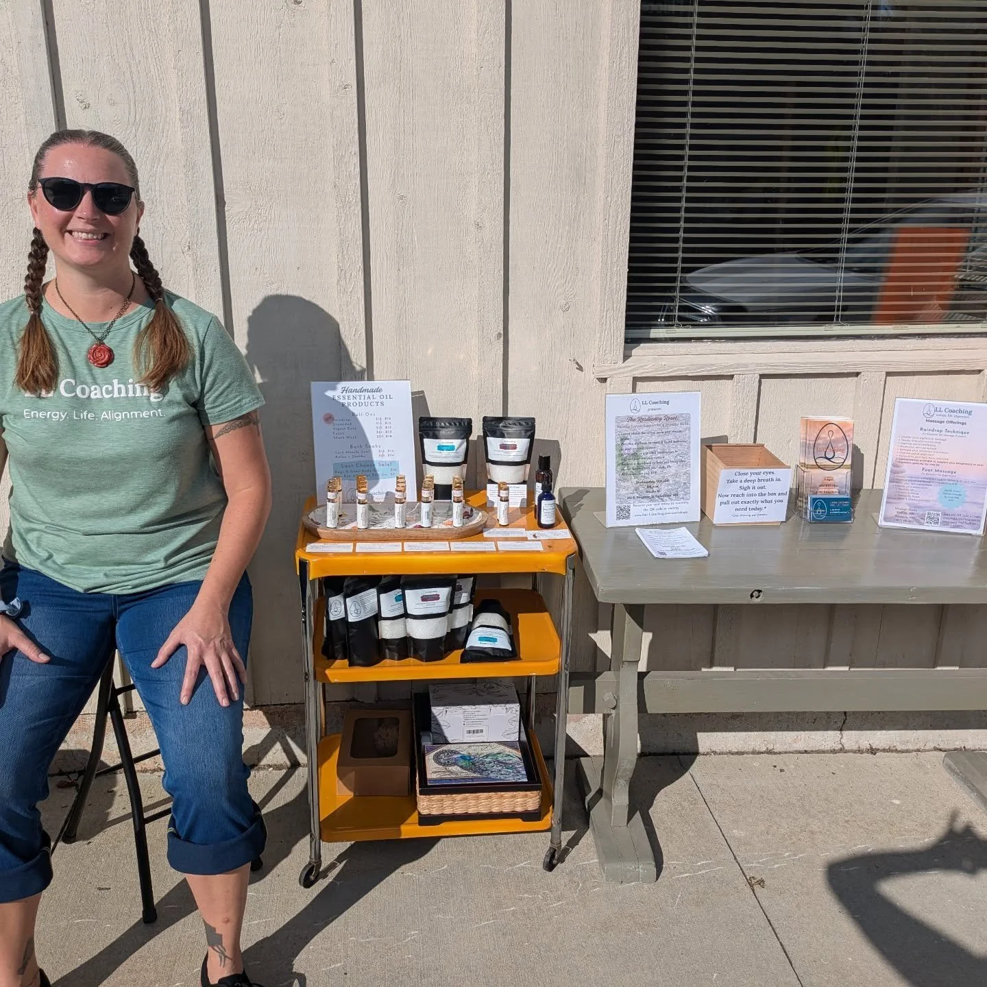Outside of @beebalm_harmony today from 10-2pm with essential oil products, coupons, and your personal invitation!