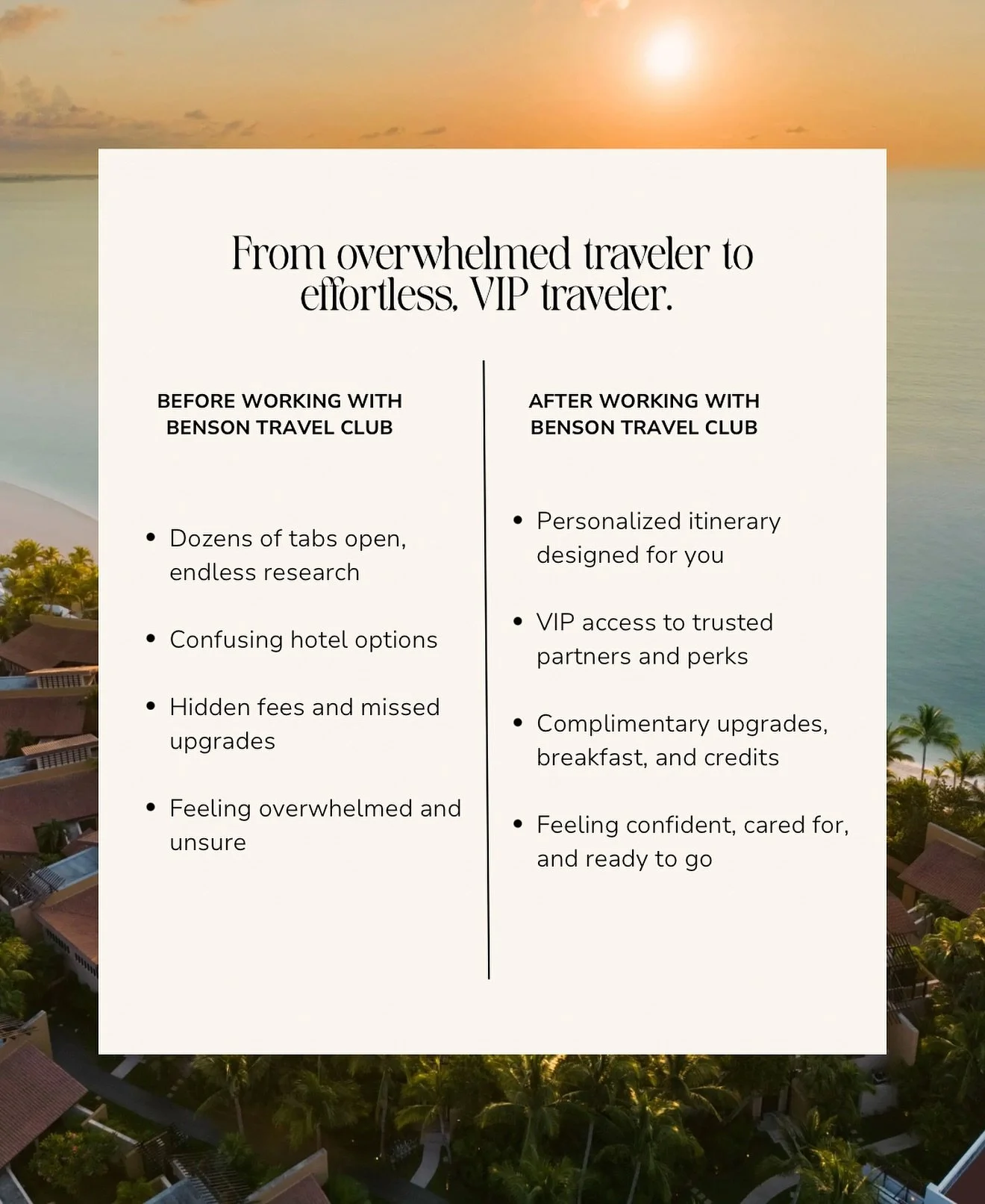 If travel planning feels overwhelming to you 👉🏻 it doesn&rsquo;t have to!

At Benson Travel Club, I help travelers go from overwhelmed to effortless, VIP traveler with curated itineraries, exclusive perks, and zero stress 💯

You dream it, I plan i