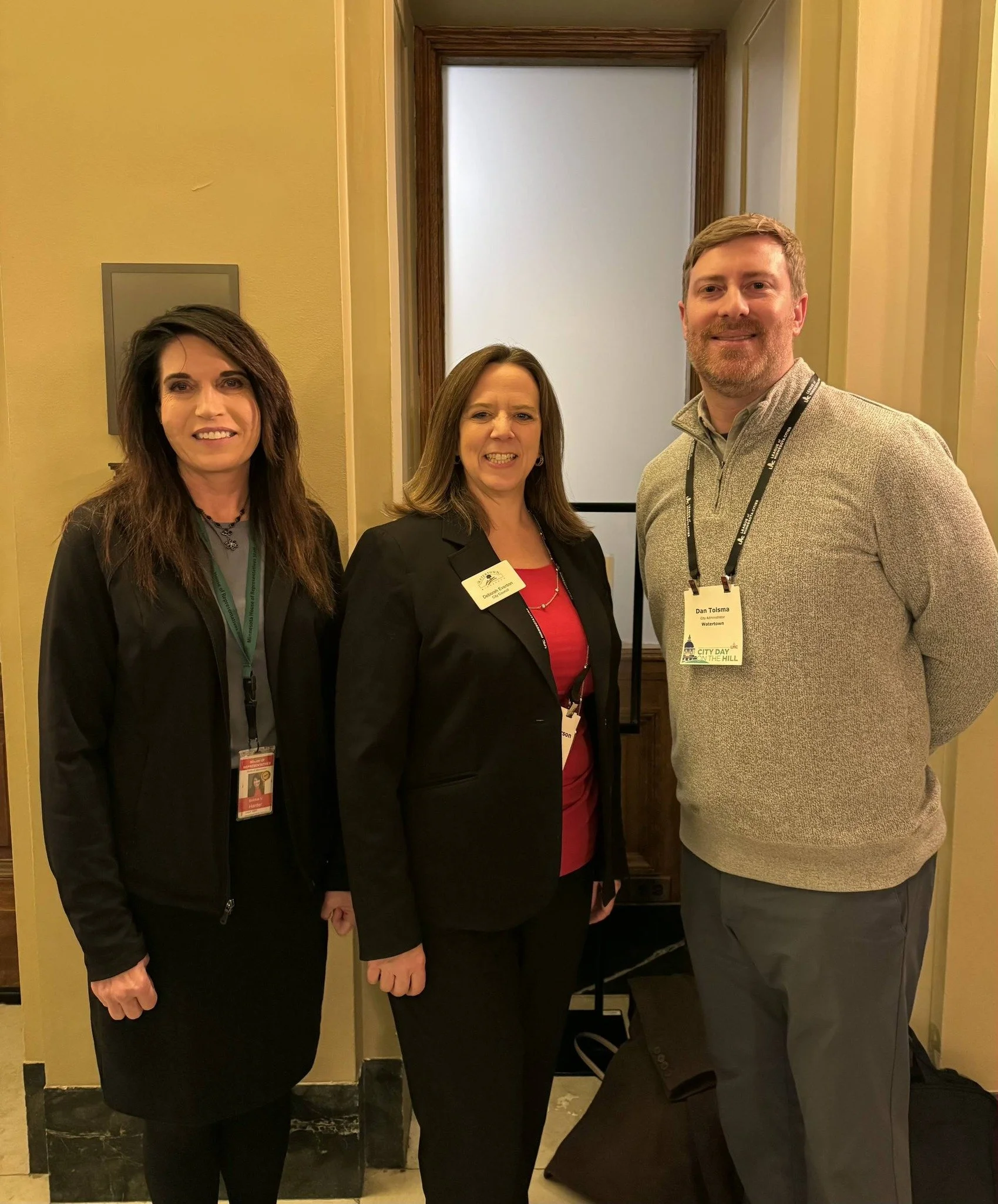 Deborah Everson and Watertown City Administrator Dan Tolsma meeting with Representative Bobbie Harder at the Minnesota State Capital.