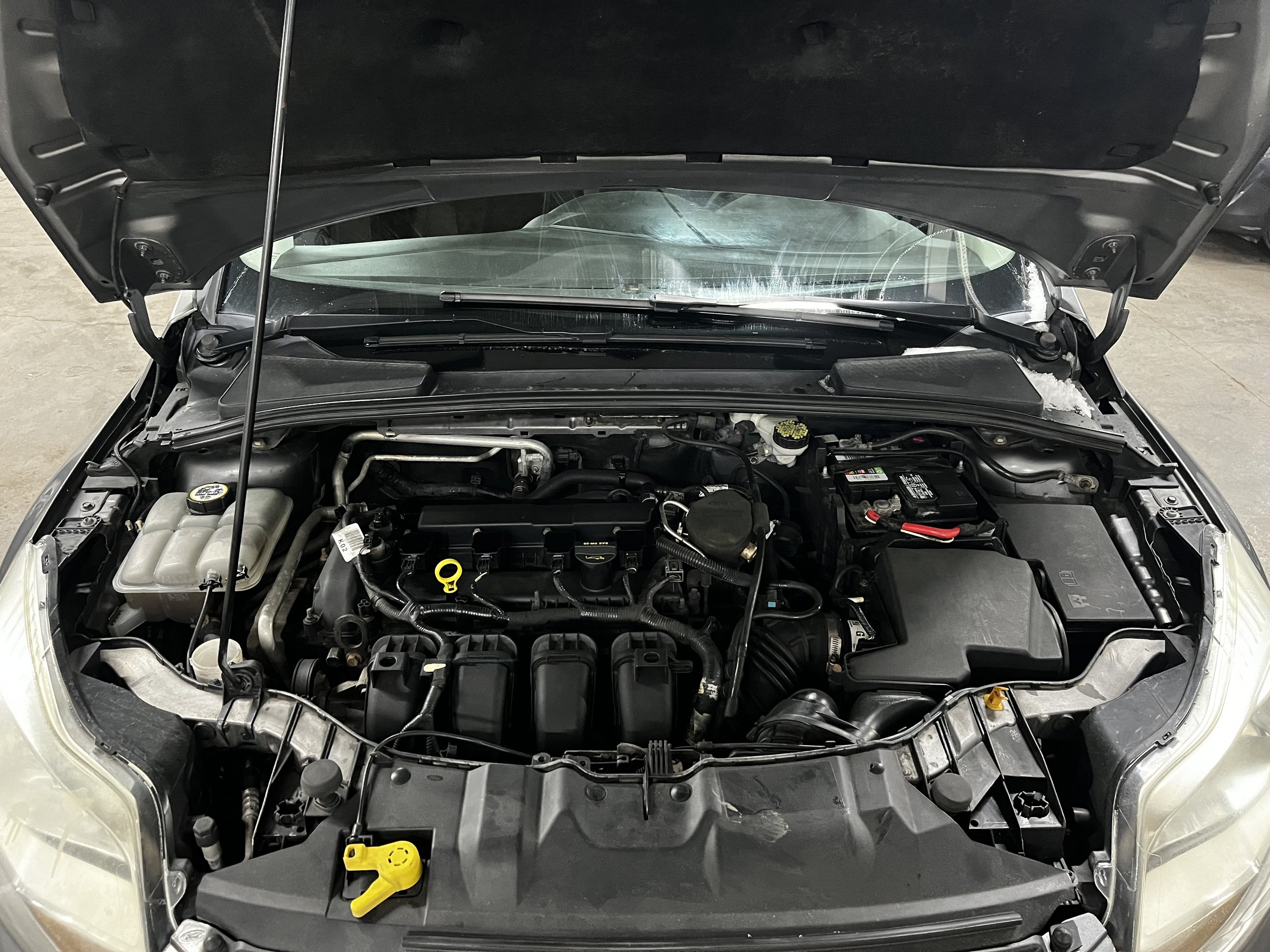 Car engine compartment with hood open, showing engine components, battery, and fluid reservoirs.