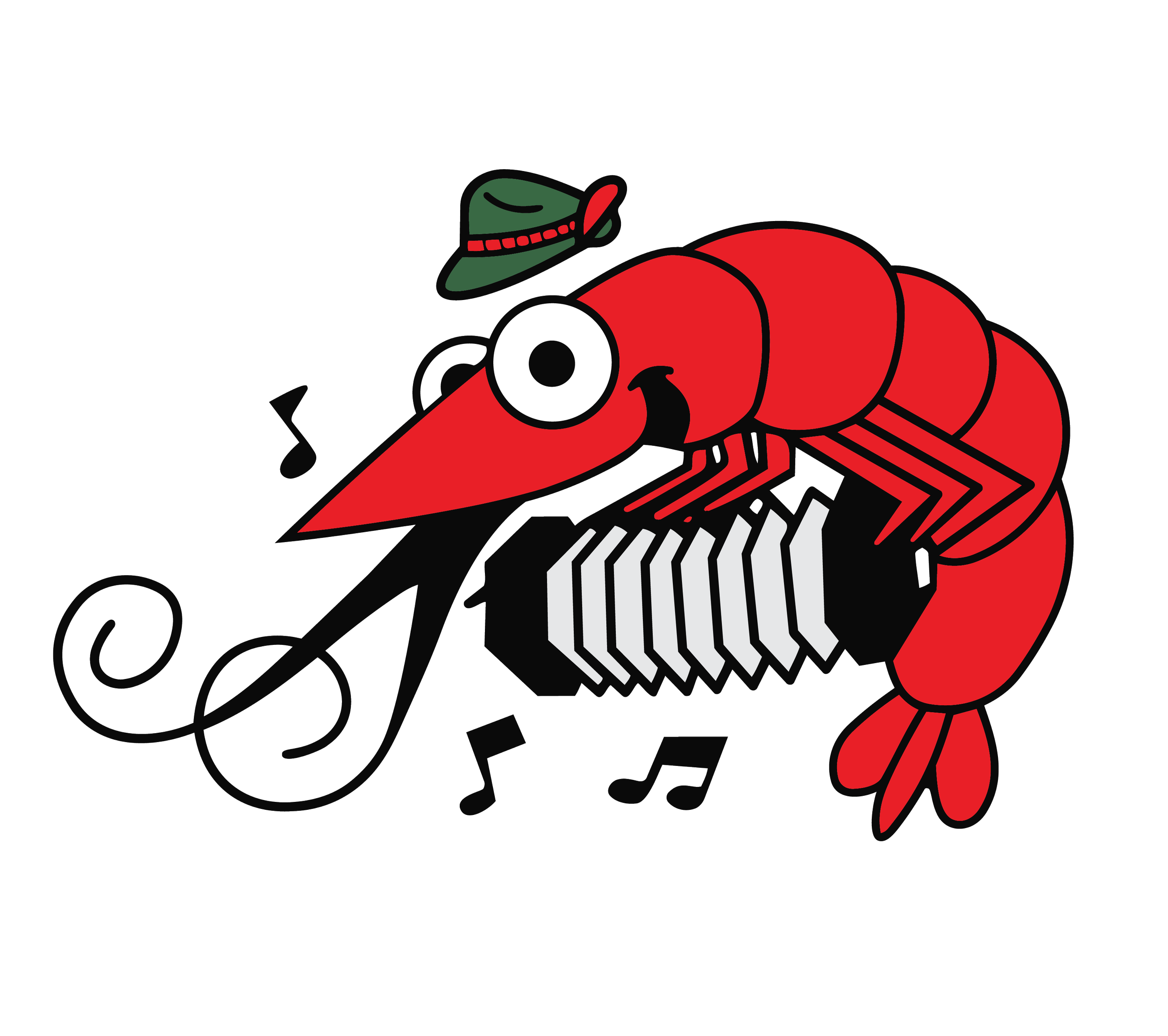 A cartoon illustration of a red shrimp with large eyes, smiling, wearing a green cowboy hat, standing on its hind legs.