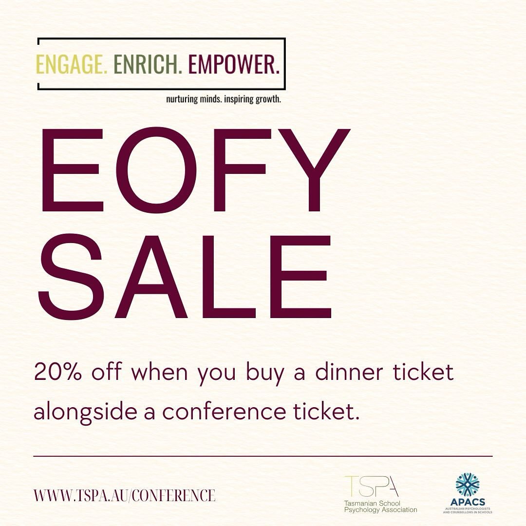 🎉 EOFY SALE IS ON! 🎉
For the month of June, receive 20% off when you purchase a dinner ticket with a conference ticket!
It&rsquo;s the perfect time to save and secure your spot to Engage.Enrich.Empower
👉 Tap the link in bio to book now!