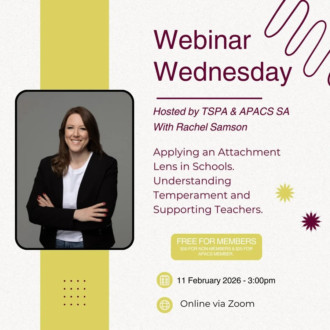 ✨ Webinar Wednesdays! ✨
TSPA is excited to announce that this year we&rsquo;ll be hosting Webinar Wednesdays alongside the Australian School Psychologists Association South Australia. 🙌

We&rsquo;re thrilled to welcome Rachel Samson as our first gue