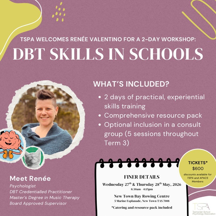 We are delighted to share that tickets are now LIVE for our professional learning opportunity: DBT Skills in Schools, with Ren&eacute;e Valentino. As a valued TSPA member, you receive 50% off the full workshop price, or 20% off for APACS members! Hur