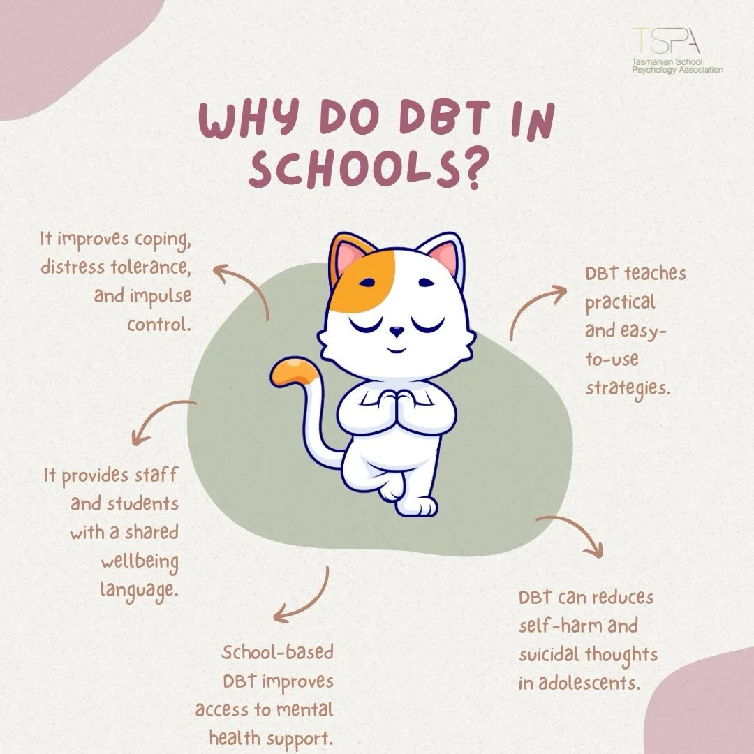 Why DBT in Schools?

DBT helps students build coping skills, improve emotional regulation, and strengthen wellbeing through practical, easy-to-use strategies.

Join our upcoming DBT Workshop on the 27th and 28th of May to learn how these skills can b