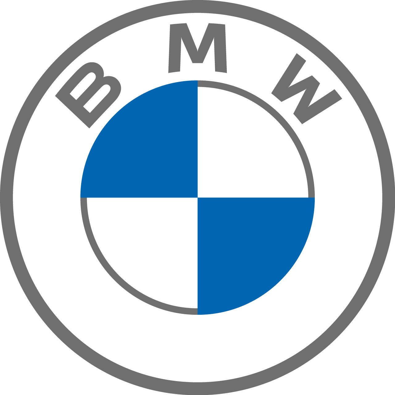 BMW logo with black, blue, and white quadrants, gray circular text. | for Pajouh Collision Chico CA