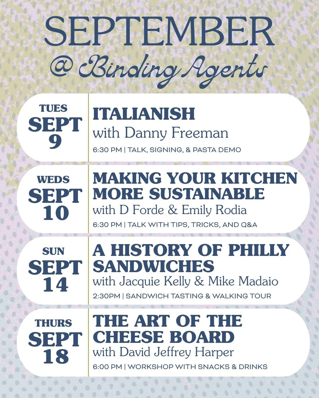 Why does Labor Day always feel like a dramatic cliff, despite my love for September? I'll unpack that in therapy, but in the meantime you should ease the transition by making fun plans with Binding Agents!!!! 

🍝9/9 - ITALIANISH signing and pasta de