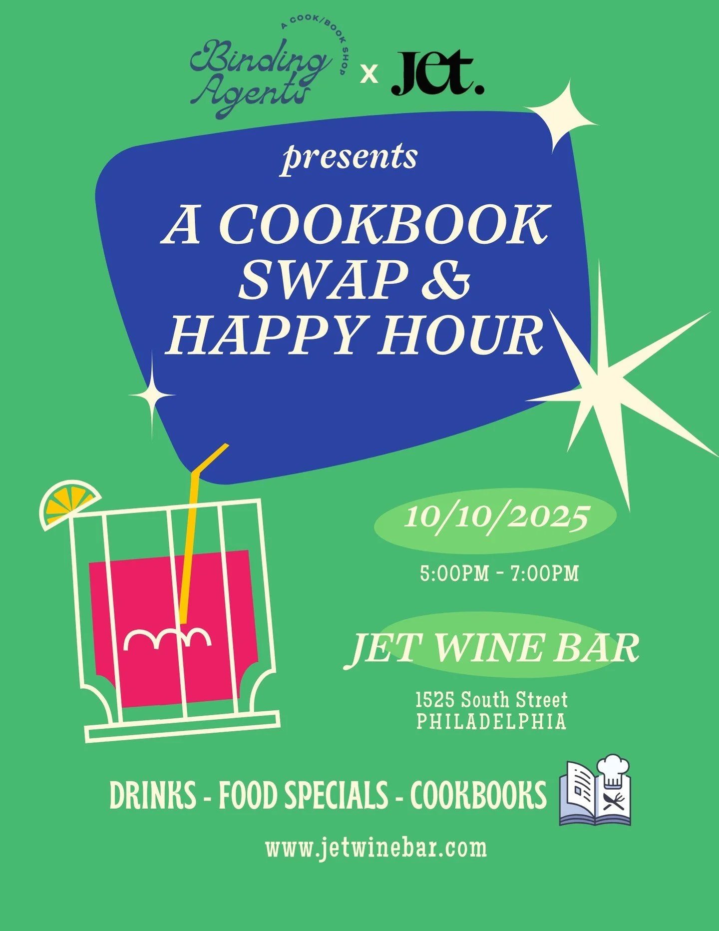 The moment many of you (OMG SO MANY OF YOU) have been waiting for: we're hosting a cookbook swap with our friends at @jetwinebar!

📅 Friday, 10/10 | 5-7pm

📍 The Garden at Jet Wine Bar (1525 South Street)

🍷 Happy hour specials

🎟️ No tickets or 