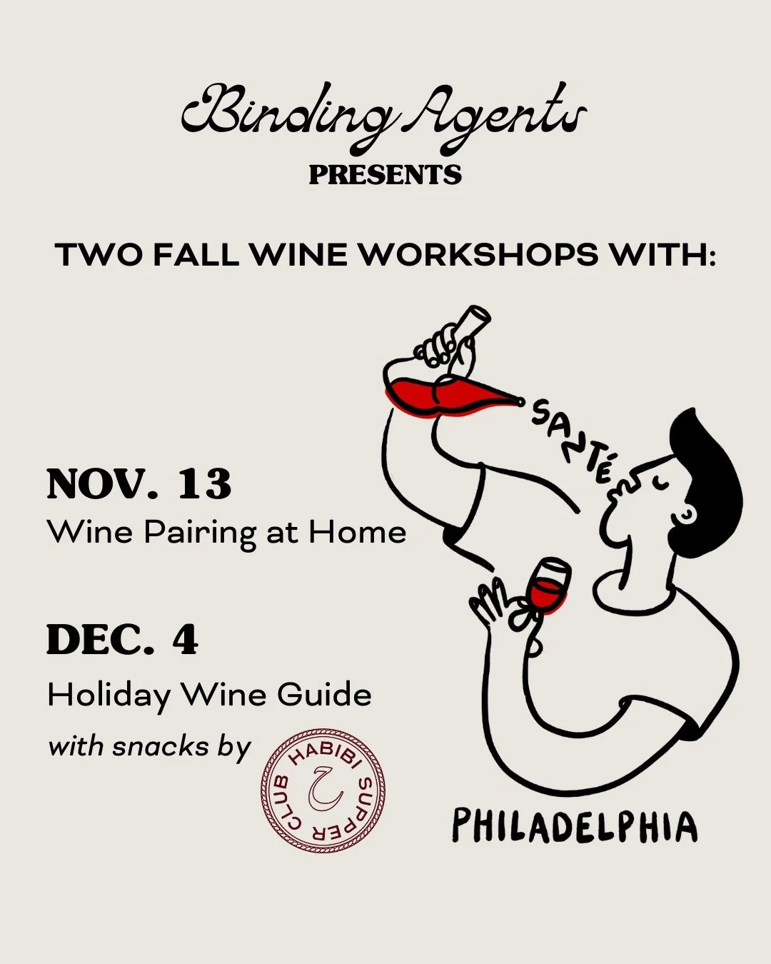 @santephl is coming to Binding Agents TWICE this fall with workshops designed to help relieve your holiday stress&mdash;both through knowledge and through wine tasting! 

🍷11/13 - WINE PAIRING AT HOME | If you've ever wished for an on-call sommelier